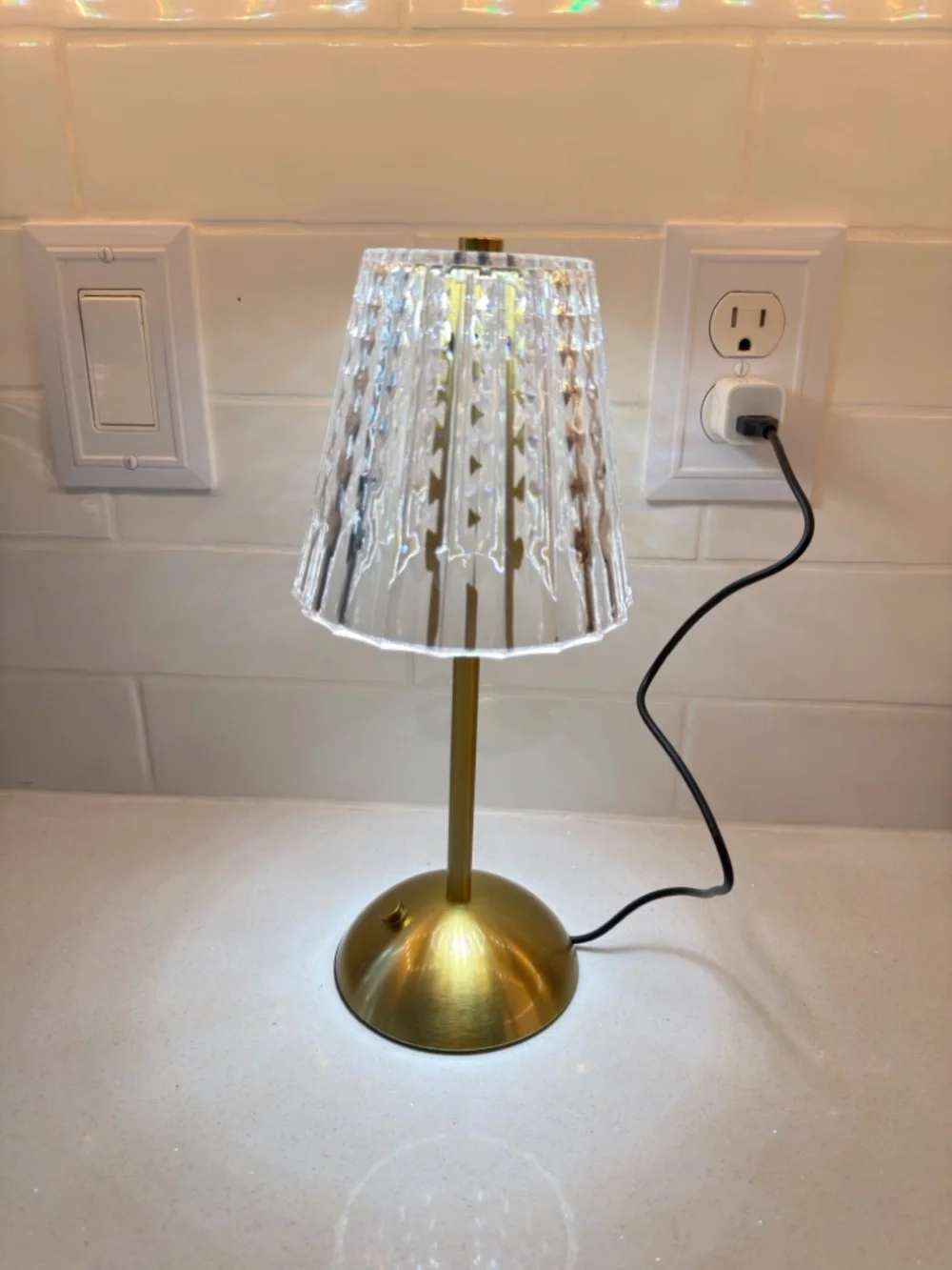 Brass Table Lamp with Clear Faceted Shade